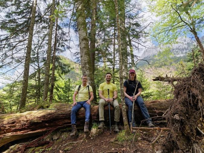 Three people stood near trees.