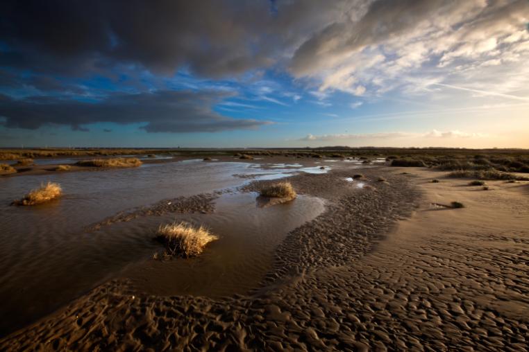 View over a saltmarsh and coast with low clouds.